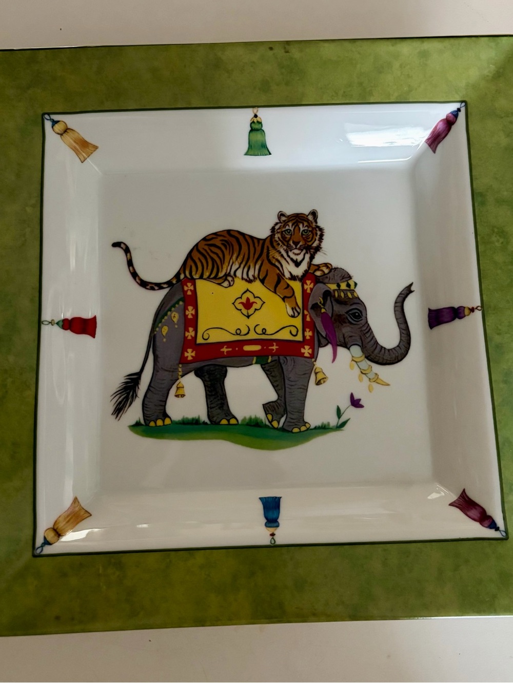 Decorative Ceramic Serving Platter with Tiger and Elephant Motif - Green